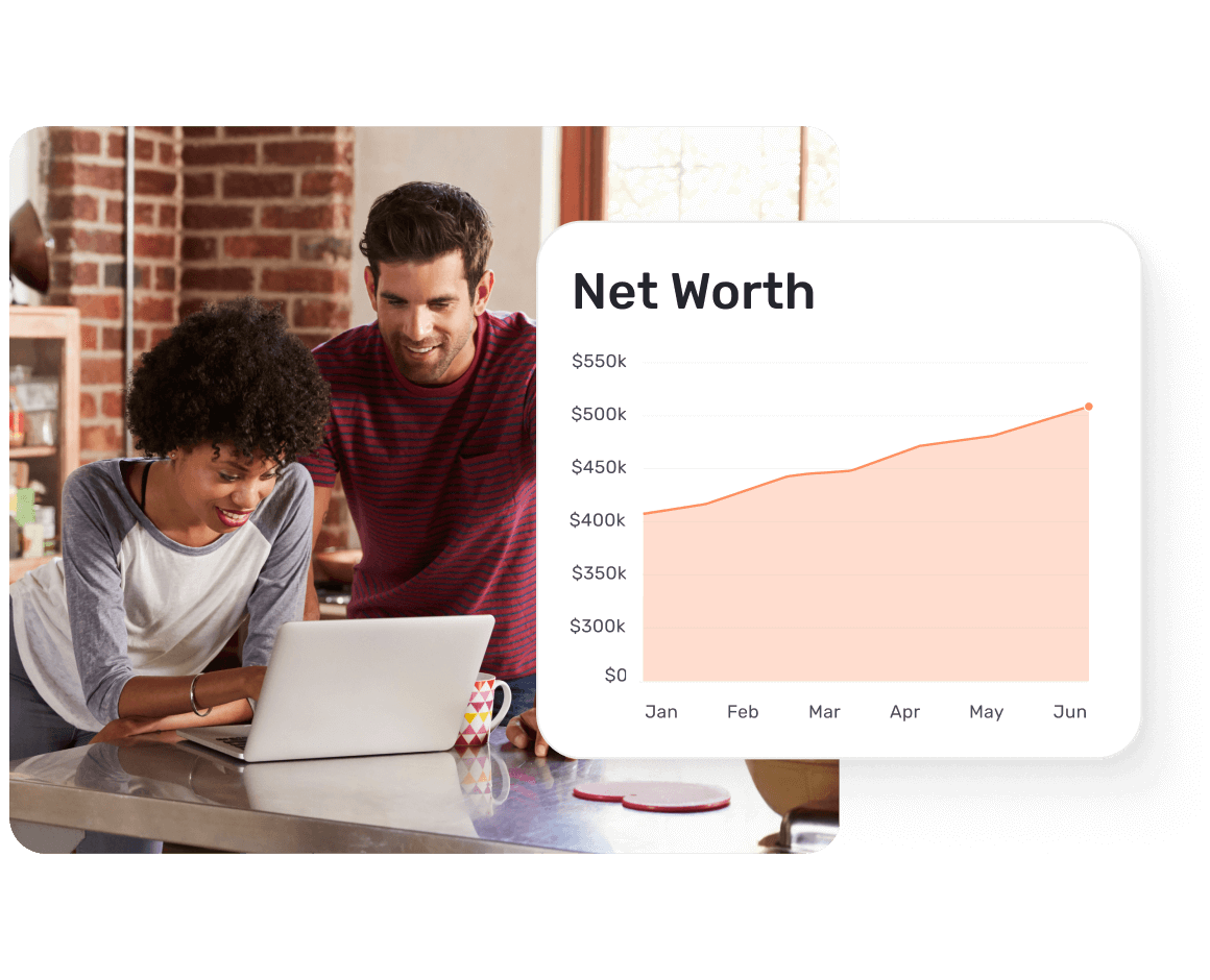 Net worth tracking chart displaying upward trend from $400k to $550k over six months in Quicken Simplifi, with couple viewing financial data on their laptop.