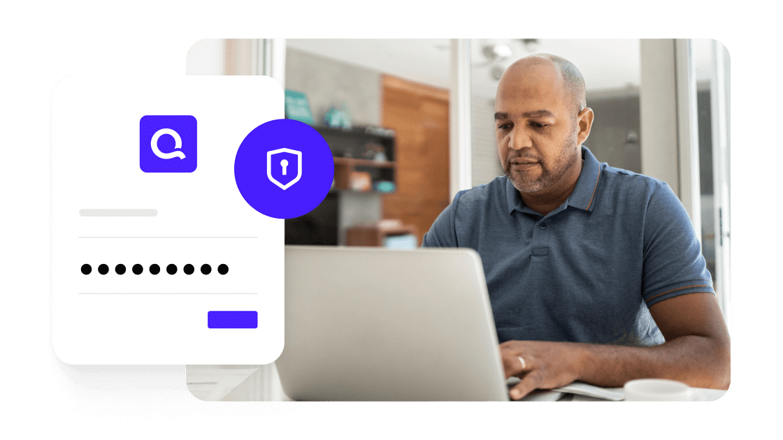 A man working on laptop with overlay graphic showing Quicken logo, shield icon, and masked password field, illustrating secure data protection.