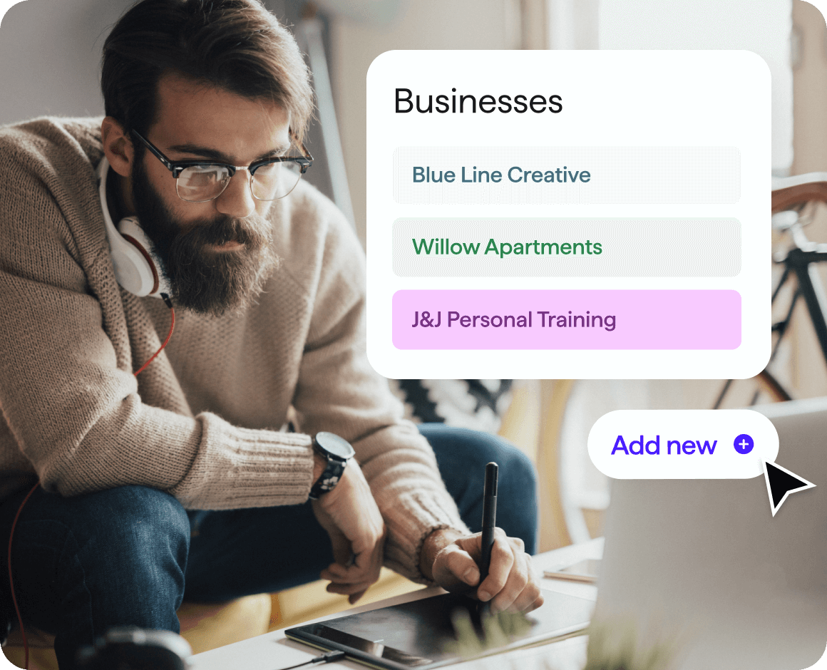 A person with glasses and a beard sits leaning forward while using a stylus on a tablet placed on a desk, with a laptop nearby. Overlaid on the image is a panel titled ‘Businesses’ listing ‘Blue Line Creative,’ ‘Willow Apartments,’ and ‘J&J Personal Training,’ along with a button labeled ‘Add new’ with a plus icon.