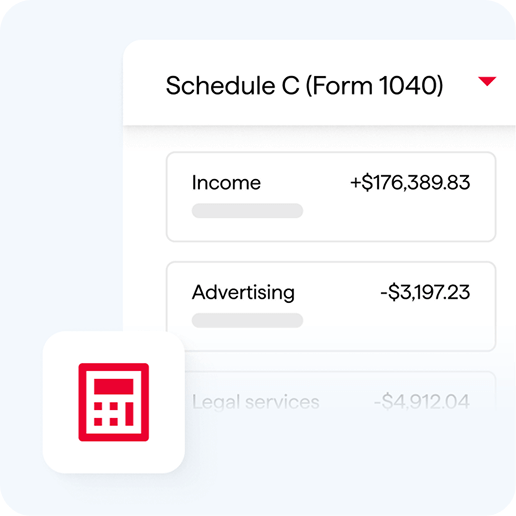 A Schedule C (Form 1040) summary showing income and advertising expense amounts, overlaid with a red calculator icon in the lower left.