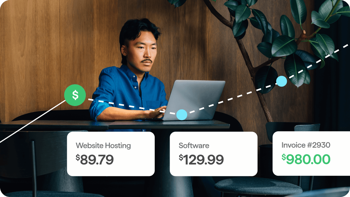 Photo of customer at laptop with an overlaying cash flow chart and three expense cards displaying: Website Hosting $89.79, Software $129.99, and Invoice #2930 $980.00.