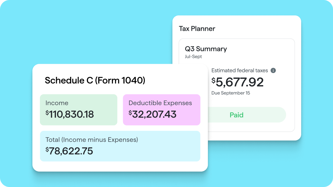 Screenshot of Schedule C Form 1040 showing Income $110,830.18, Deductible Expenses $32,207.43, and Total $78,622.75, alongside Tax Planner Q3 Summary displaying Estimated federal taxes $5,677.92 Due September 15 marked Paid.