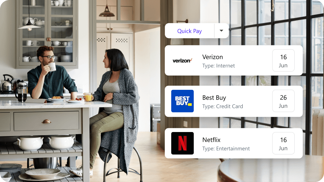A couple sits at a kitchen island having breakfast while a bill-pay interface appears beside them, showing upcoming payments for Verizon, Best Buy, and Netflix with their due dates.