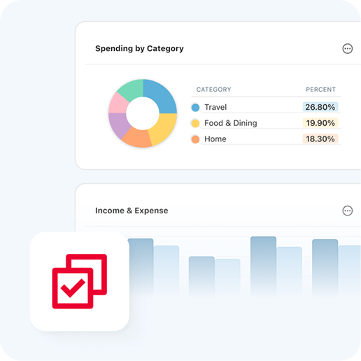 A dashboard view showing a spending-by-category donut chart with percentages for Travel, Food & Dining, and Home, above an income-and-expense bar chart. A red checkmark icon appears in the lower left.