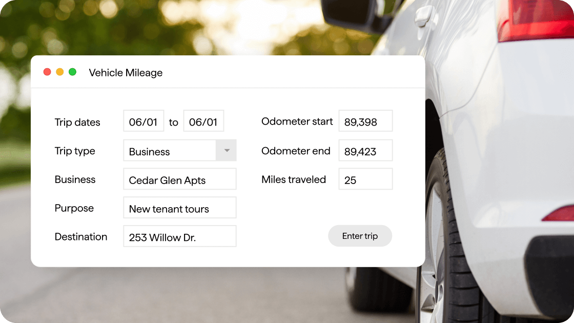 A vehicle mileage entry form showing trip dates, business purpose, destination, odometer readings, and miles traveled, overlaid on a close-up photo of a white car parked on a road.