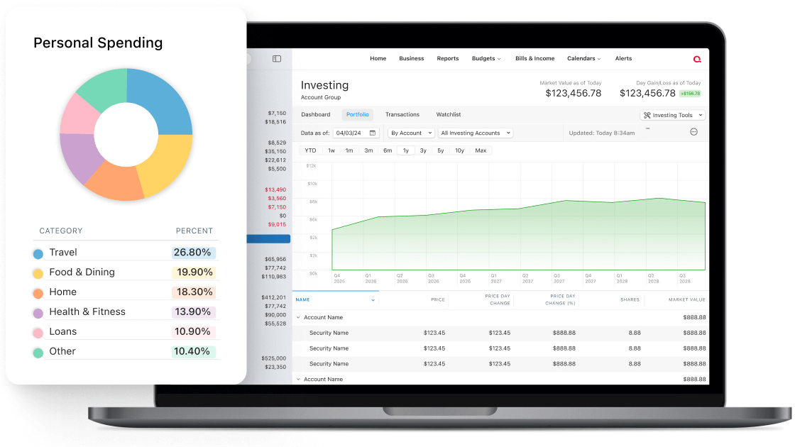 A personal spending summary card with a colorful donut chart and category percentages appears beside a laptop screen displaying an investing dashboard with a green portfolio performance graph and account details.