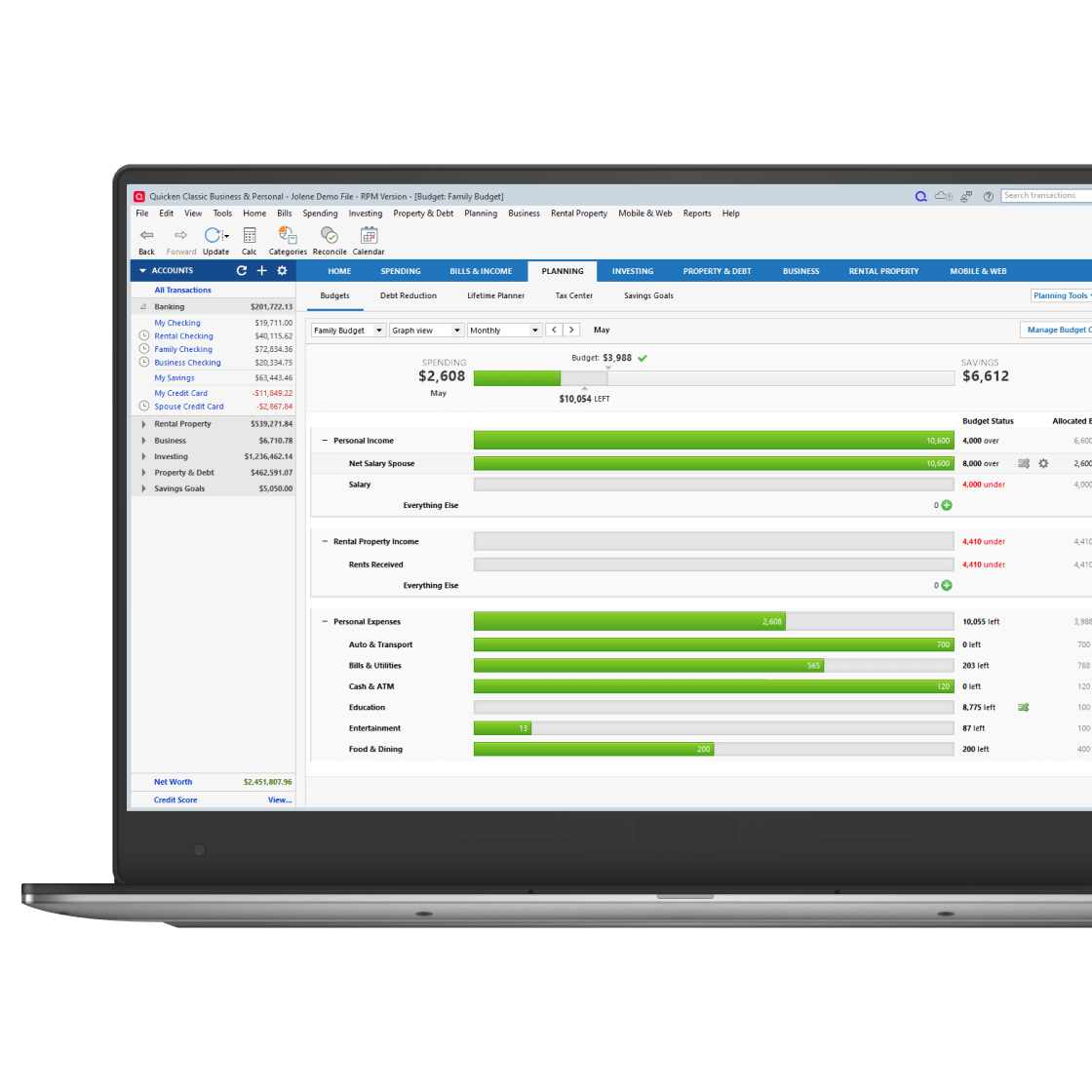 Quicken budget software interface