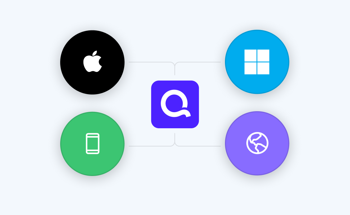 Quicken Q logo connected via line mapping to apple logo, windows logo, mobile icon, and globe icon